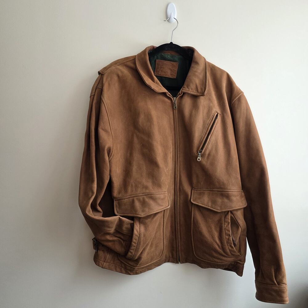 VTG St. John Bay Leather Bomber Jacket Mens XLT Tall Brown‎ Lined 90s Barn Chore